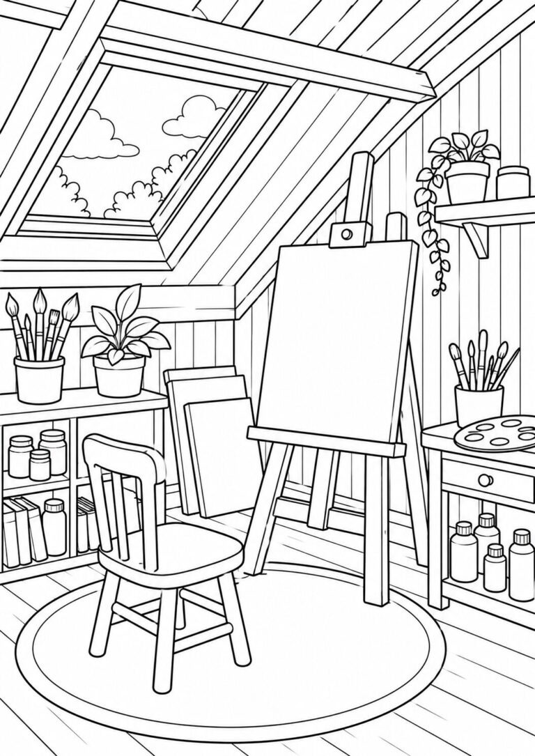 Cozy attic artist studio with an easel, chair, and art supplies ideal for coloring. Features include a skylight, shelves with jars and books, and plants. Perfect for children to explore their creativity.