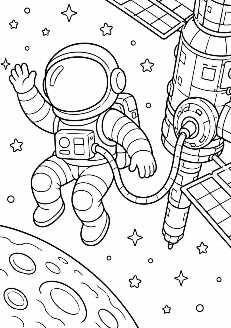 A fun coloring page showing an astronaut in a spacesuit tethered to a spacecraft, floating in space with stars around. Great for kids to add colors and enjoy a space adventure.