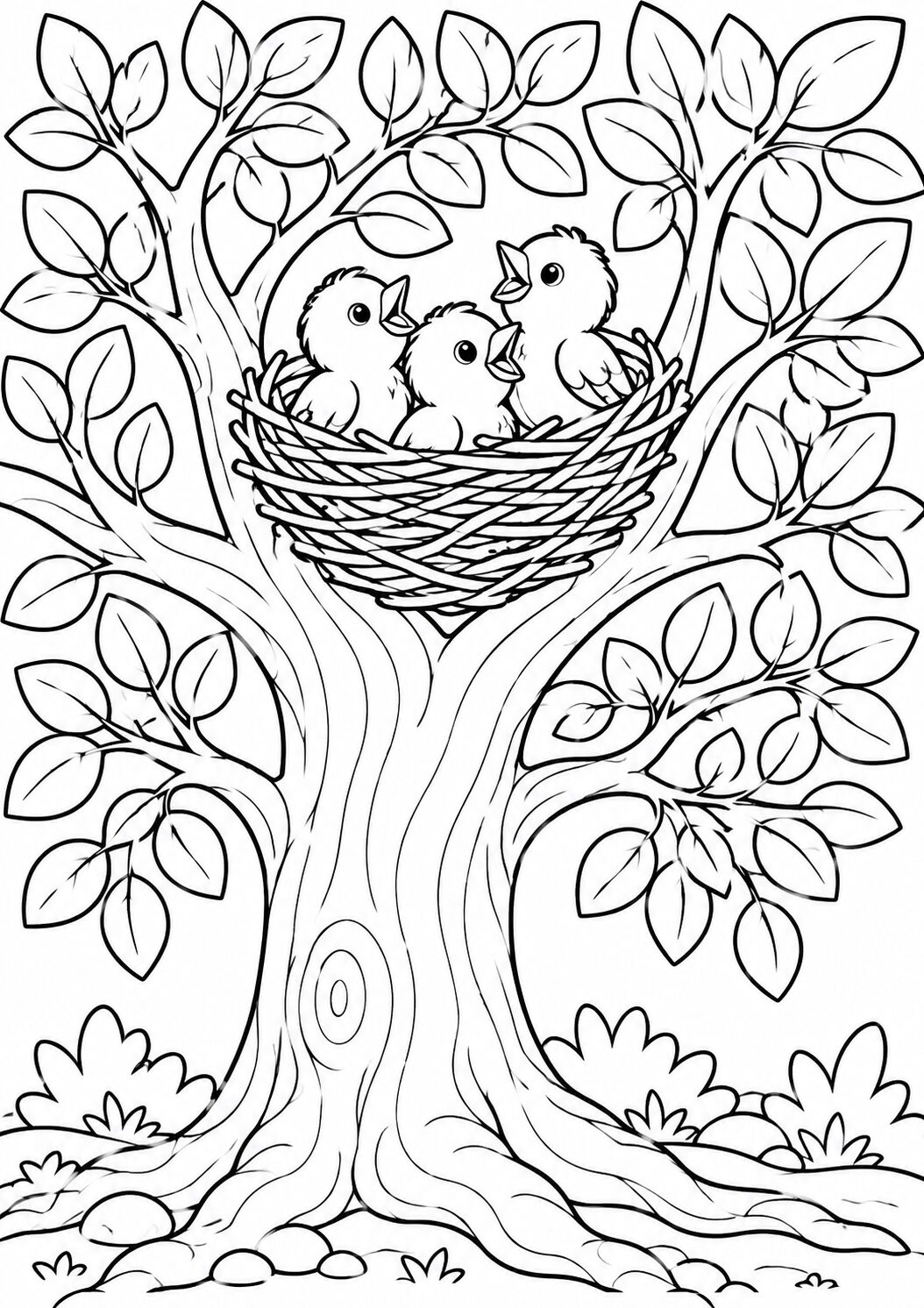 Three baby birds in a nest atop a leafy tree. Kids can color the birds, nest, and tree with vibrant colors to create a lively scene.