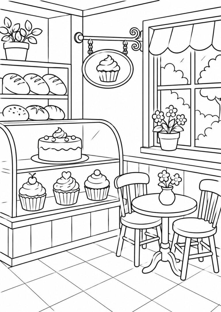 A cozy bakery scene featuring shelves filled with cakes and cupcakes, a small table with chairs, and a window view. Children can bring life to this charming setup by using vibrant colors and their imagination.