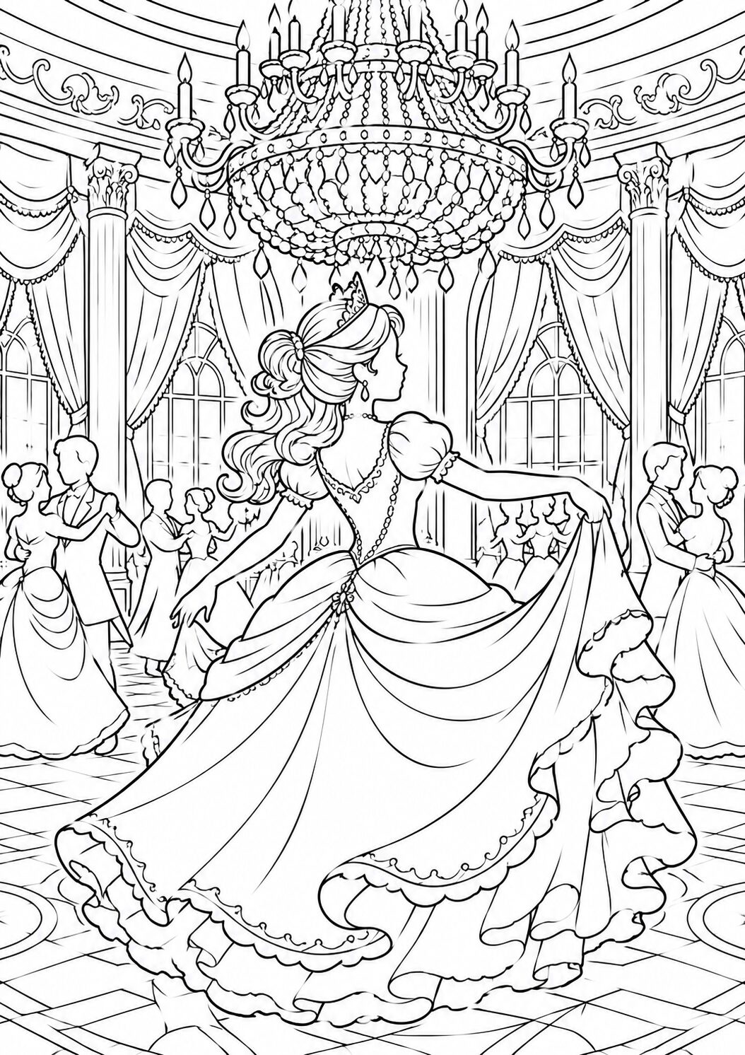 A magical ballroom scene with a princess in a flowing gown, surrounded by elegantly dressed dancers under a grand chandelier, capturing a fairy tale atmosphere.
