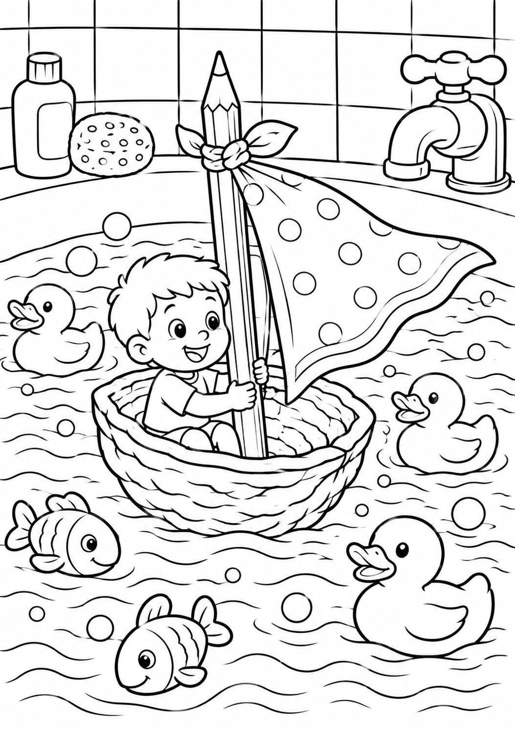 A charming coloring page showing a child in a basket boat with a pencil sail surrounded by ducks and fish in a bath setting. This creative scene encourages imagination.