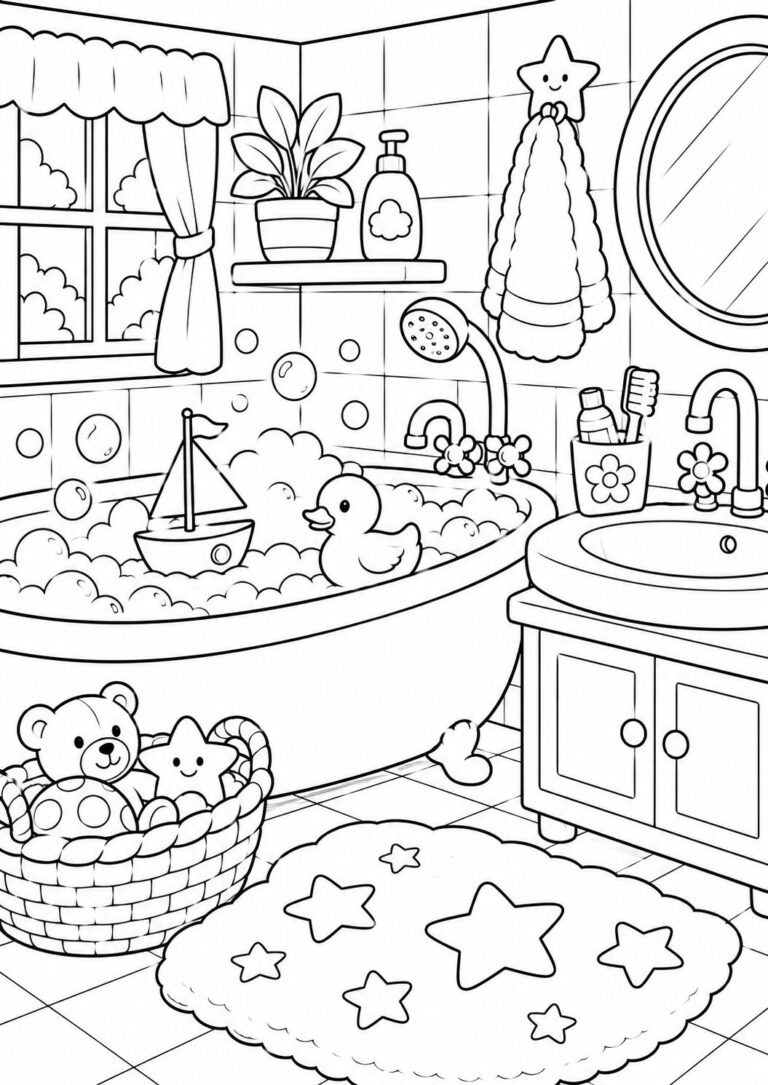 A joyful bath scene with bubbles, a rubber duck, and toys in a cozy bathroom setting. Kids can color the bathtub, toy sailboat, bear basket, and bathroom items, making bath time creative.