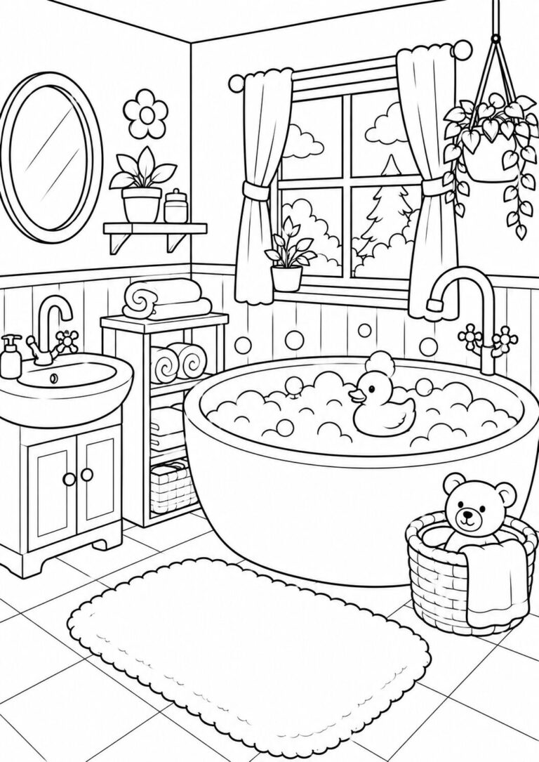 A cheerful bathroom scene with a bubble-filled tub, rubber duck, and teddy bear. Details include towels, plants, and accessories for kids to color, enhancing imagination and engagement.