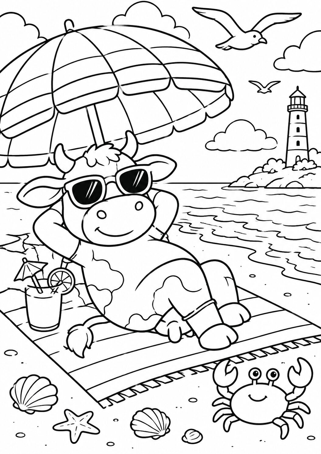 A cheerful cow is relaxing under a beach umbrella on a sunny day. The scene includes a crab, seashells, and a lighthouse in the background. Children will enjoy coloring this playful and detailed beach-themed image.