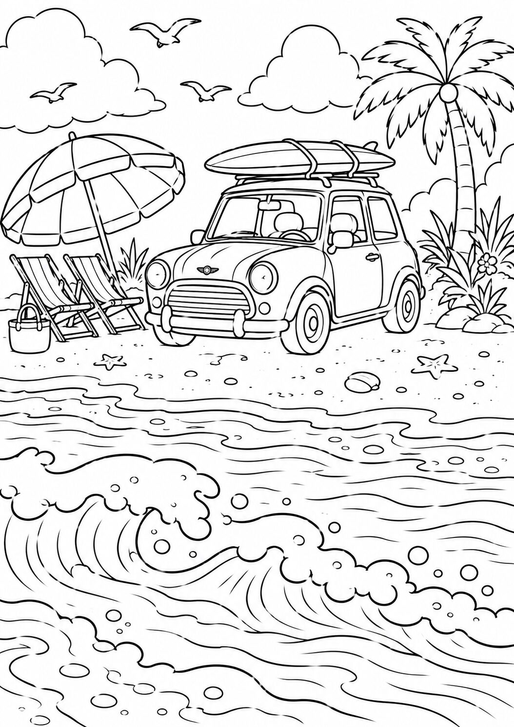A coloring page featuring a car with a surfboard, beach umbrellas, and waves, inviting children to use their imagination and creativity to color a summer beach scene.