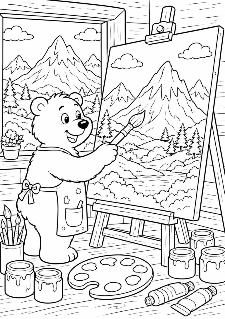 A charming coloring page of a bear artist painting a scenic mountain landscape. The bear uses a large brush and has various paints and a palette beside it. Trees and a mountain view are visible through a window, adding a peaceful backdrop.