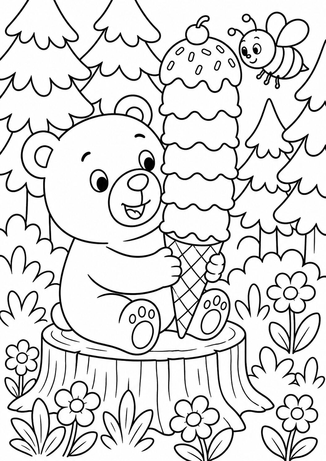 A cute bear holding a giant ice cream cone while sitting on a stump, surrounded by trees and flowers, with a bee flying nearby. Perfect for a children's coloring activity.