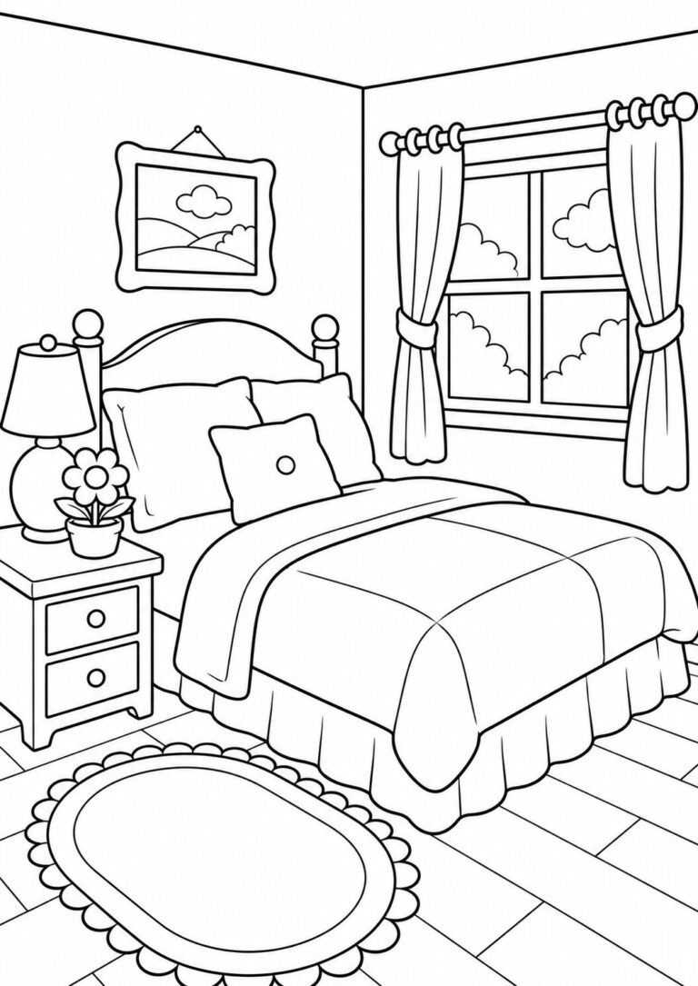 A coloring page showing a neat bedroom with a bed, nightstand, lamp, flower pot, curtains, and a window, inviting children to color with creativity.