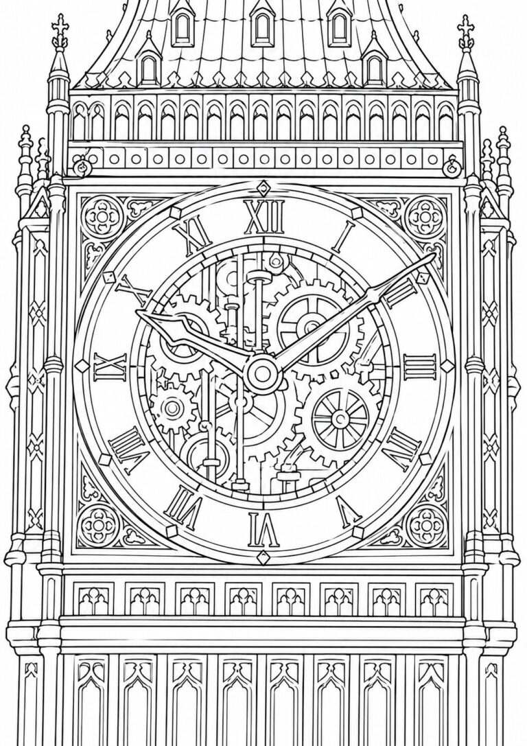 A detailed coloring page of Big Ben, highlighting its intricate clock face and architectural details, designed for children's creative exploration.