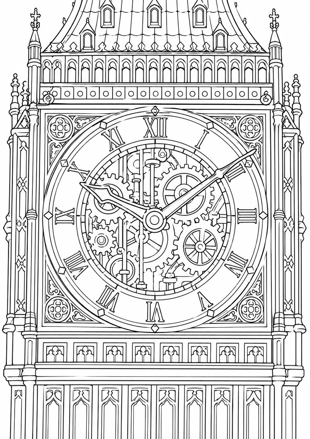 A detailed coloring page of Big Ben, highlighting its intricate clock face and architectural details, designed for children's creative exploration.