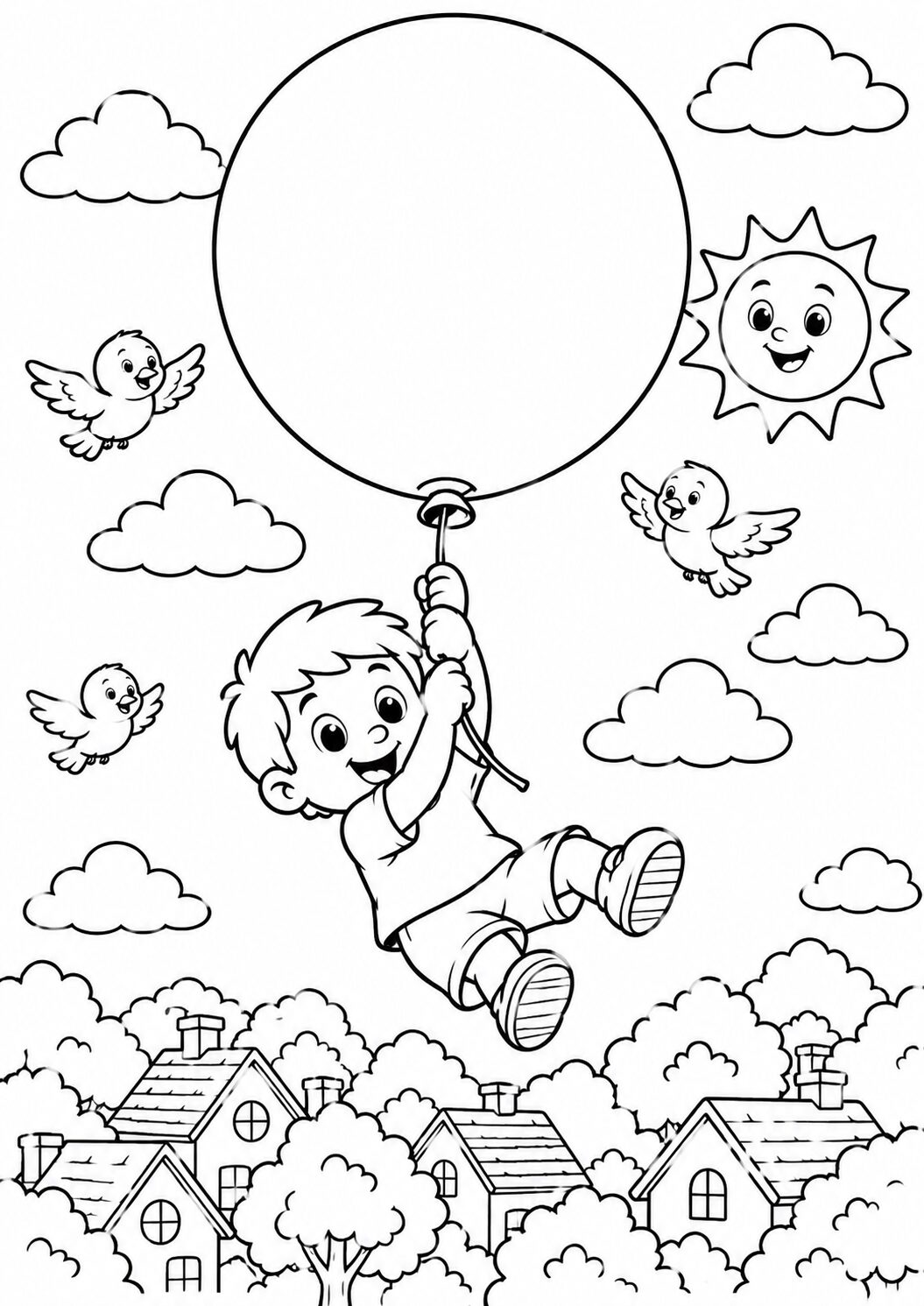 A cheerful boy hanging onto a large balloon, floating above a village with birds flying around and a smiling sun. This coloring page encourages creativity with its playful elements.