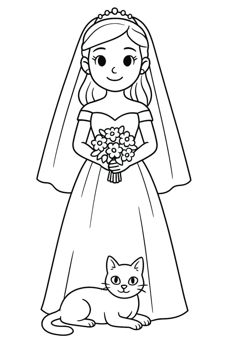 A coloring page depicting a bride holding a bouquet of flowers, with a cat sitting at her side. The bride looks cheerful, and the entire scene presents an inviting chance for coloring creativity.