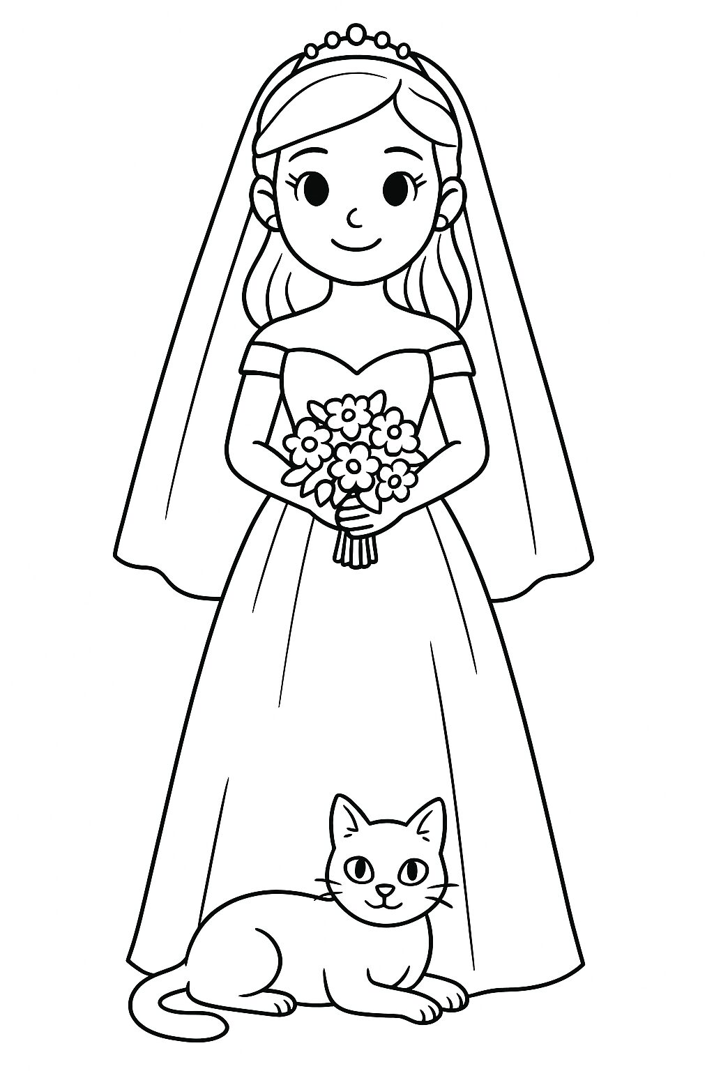 A coloring page depicting a bride holding a bouquet of flowers, with a cat sitting at her side. The bride looks cheerful, and the entire scene presents an inviting chance for coloring creativity.
