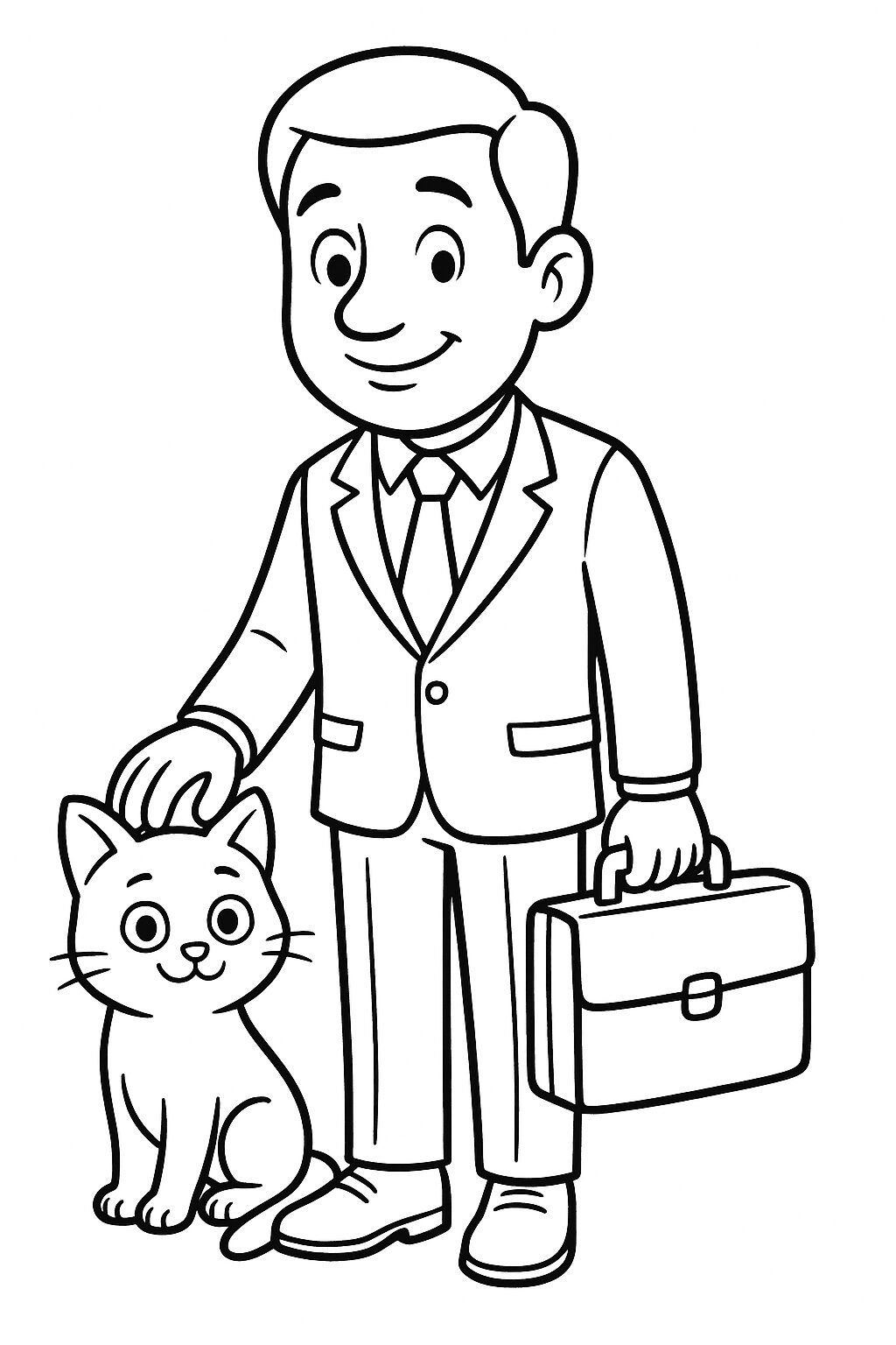 A smiling businessman in a suit holding a briefcase while petting a friendly, wide-eyed cat. Ideal coloring activity for kids interested in combining professional imagery with playful pet interactions.