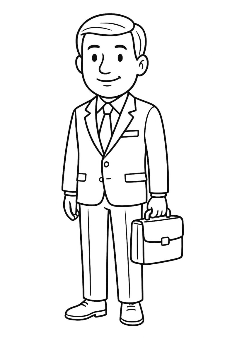 A children's coloring page showcasing a businessman carrying a briefcase. He is dressed in a simple suit, with clear lines for young artists to color and use their imagination creatively.