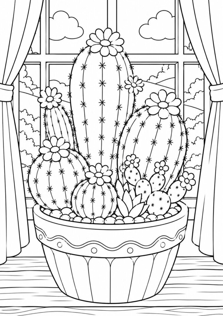A detailed coloring page showcasing a potted cactus with blooming flowers in front of a window with curtains. The background displays clouds and sky, offering children an intricate and creative coloring experience with various textures and elements.