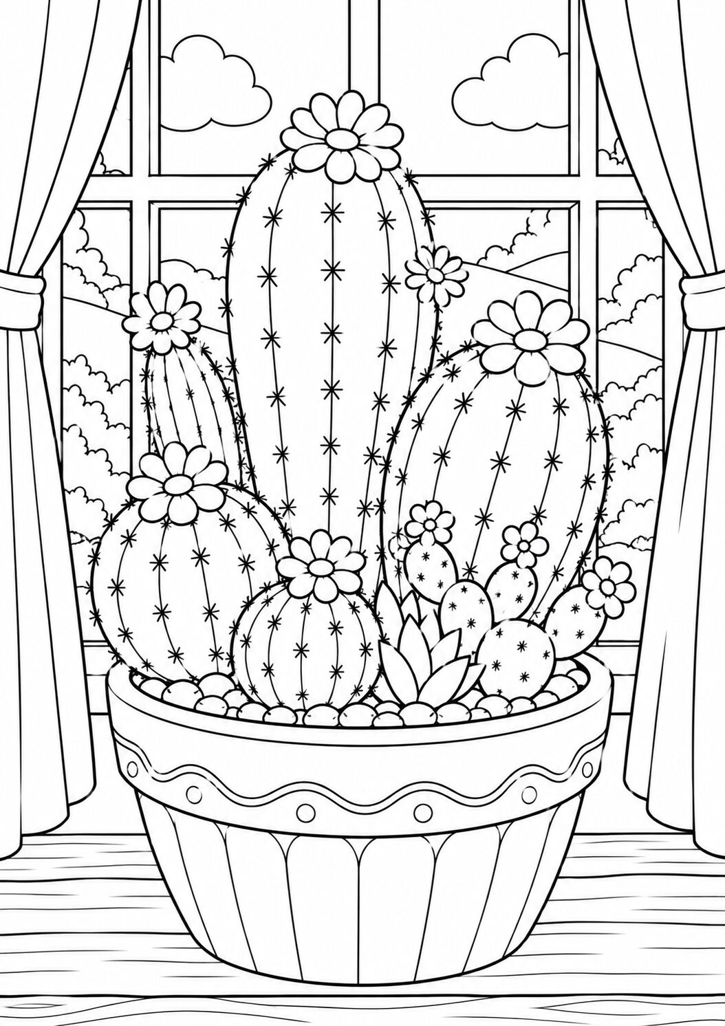 A detailed coloring page showcasing a potted cactus with blooming flowers in front of a window with curtains. The background displays clouds and sky, offering children an intricate and creative coloring experience with various textures and elements.