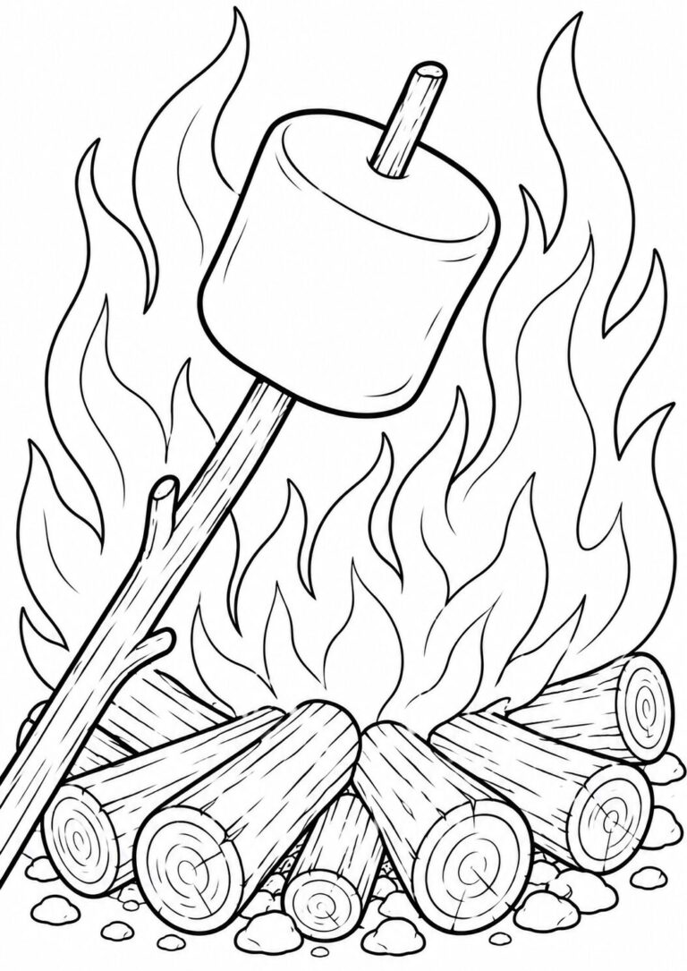 Coloring page showing a campfire with a marshmallow on a stick. Kids can color vibrant flames and logs, boosting creativity. Ideal for indoor fun.