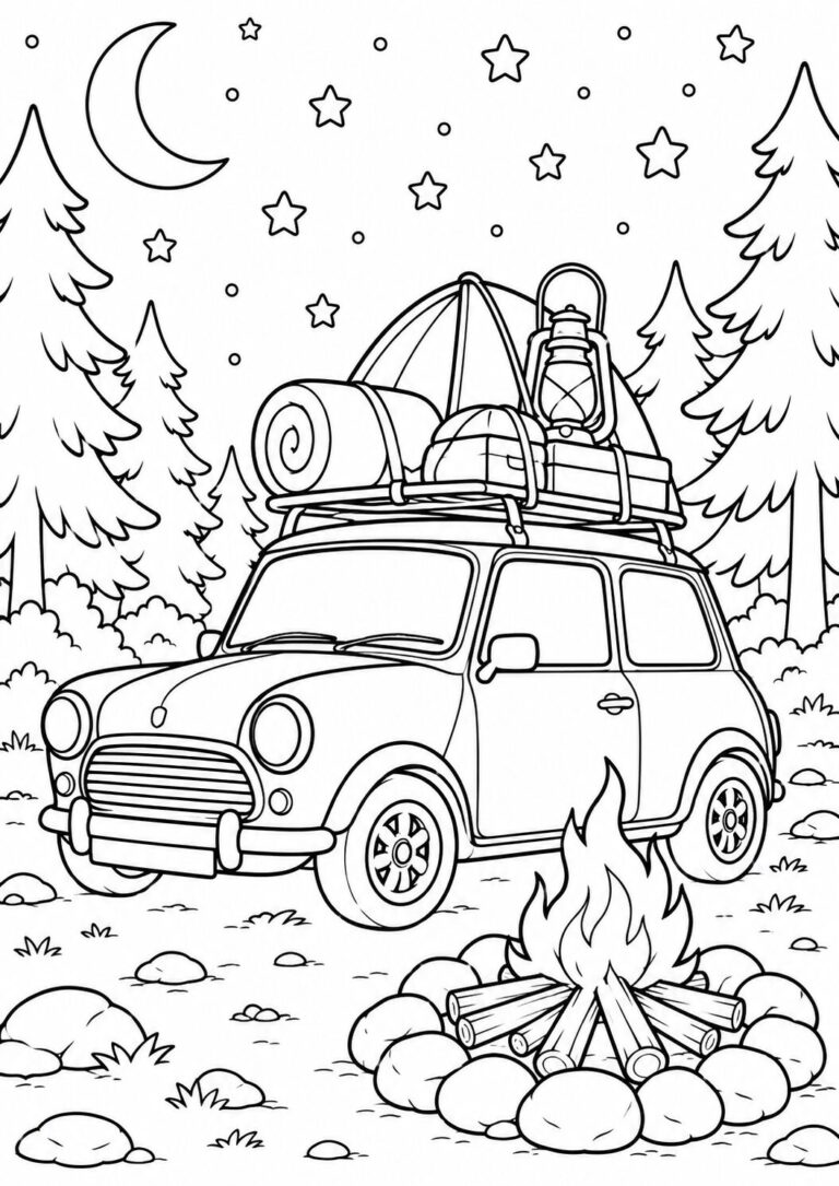 A fun camping scene with a car packed with gear beside a campfire. The night sky with stars and tall trees create an adventurous setting, perfect for kids to explore through coloring.