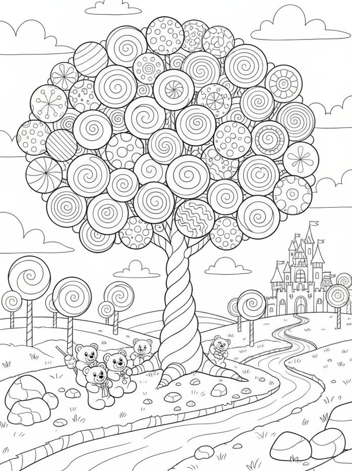 Coloring page with swirling lollipop trees, a fantasy castle, and playful teddy bears in a whimsical landscape.