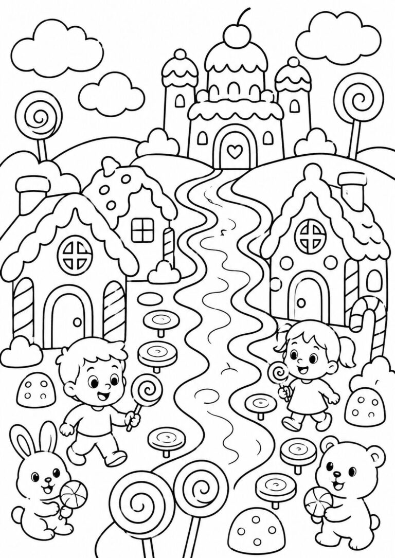 A magical Candy Land coloring page with children and animals exploring a landscape filled with candy, gingerbread houses, and a candy castle under a cloudy sky, inviting young artists to color and imagine.