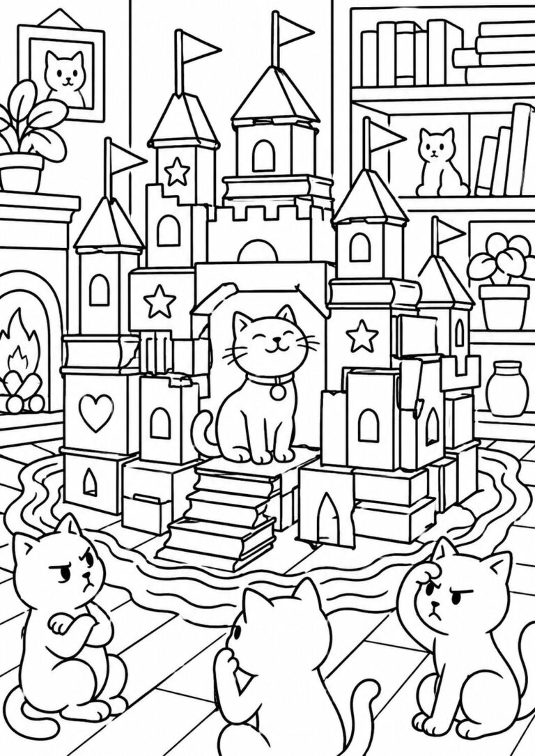 Coloring page showing a cheerful cat in front of a box castle, with three other cats around, in a room with bookshelves, a fireplace, and plants, providing a playful and warm setting.