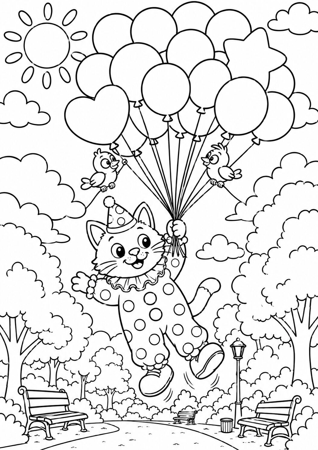 A playful cat dressed in a clown costume floats in the sky holding colorful balloons. Happy birds and a sunny park setting complete this lively children's coloring page.