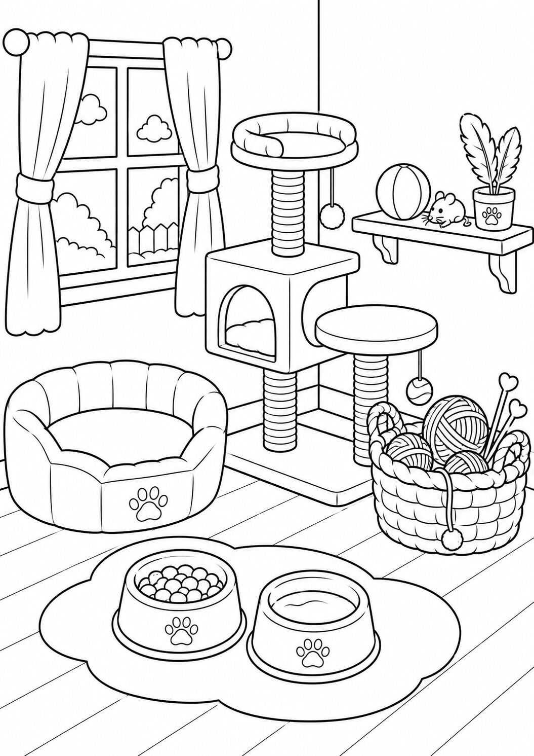 A coloring page of a cat playroom with a cozy bed, yarn balls, a cat tree, and feeding bowls. It inspires creativity for children who enjoy decorating spaces with vibrant colors.