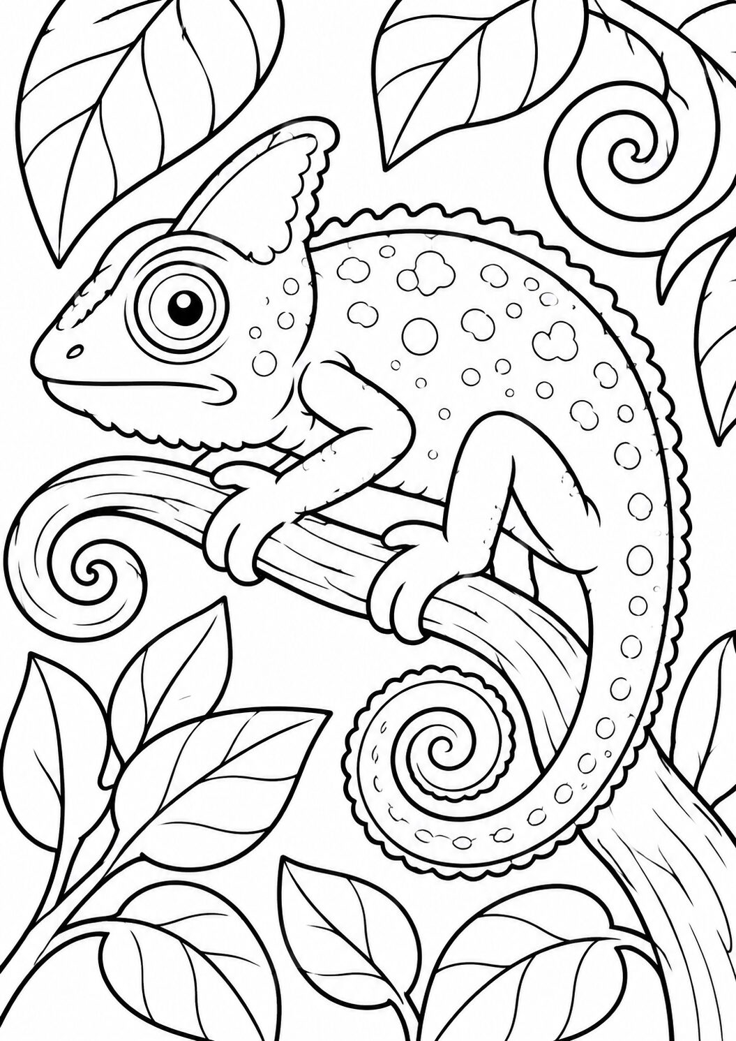 A delightful chameleon positioned on a branch with vibrant leaves surrounding it, offering children ample opportunity to express their creativity through coloring while appreciating a unique animal.