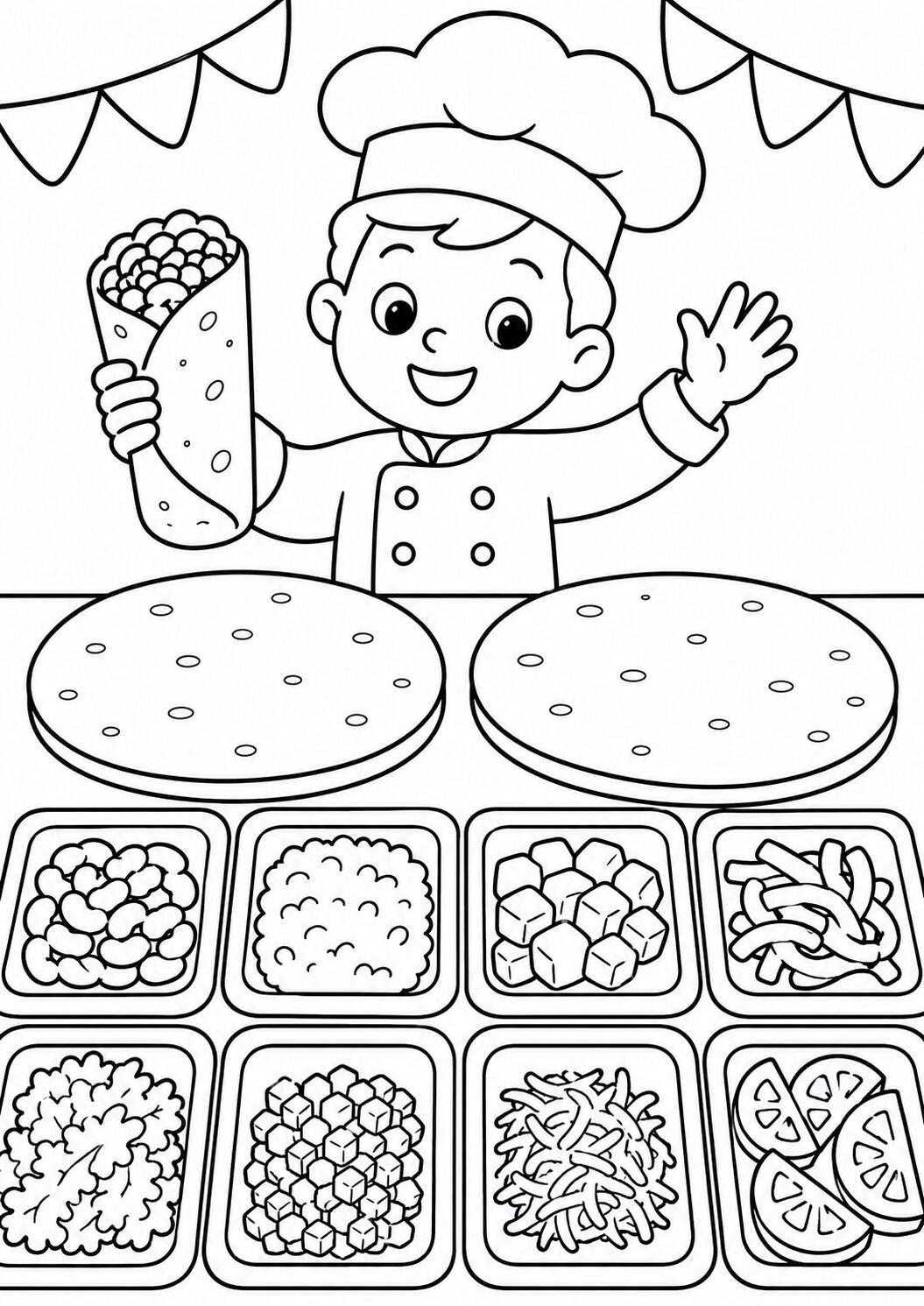 A cheerful chef holding a wrap with two pizza bases and various ingredients like vegetables and cheese on the counter, ready to be colored by children.