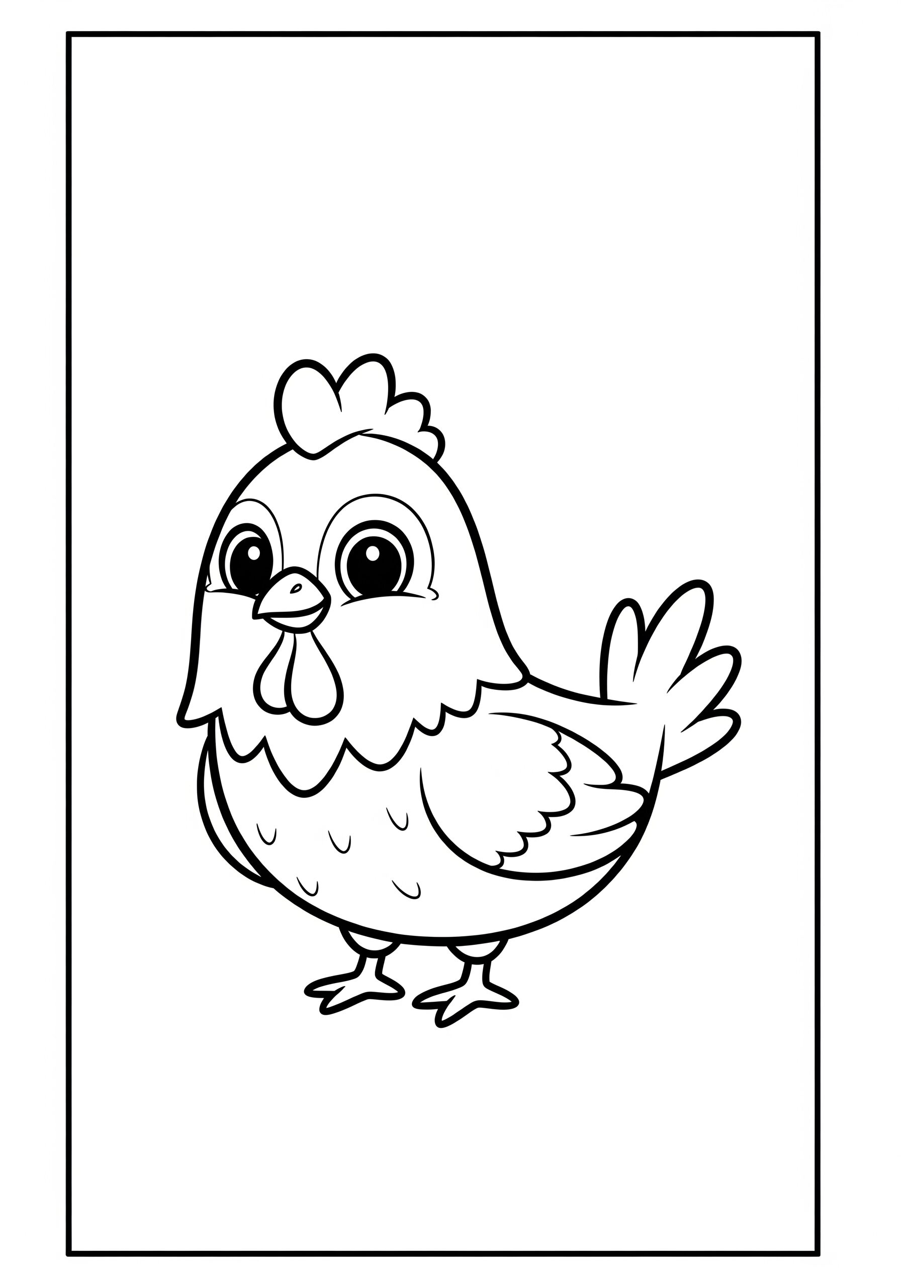 A delightful coloring page featuring an adorable chicken with big, bright eyes and fluffy feathers. Kids can use their favorite colors to bring this cheerful bird to life, sparking creativity and fun.