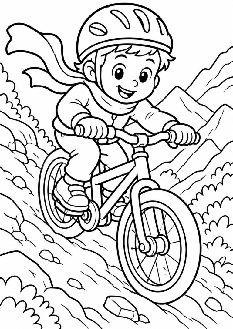 A joyful child cycles down a mountain path, fully equipped with a protective helmet and scarf. The rocky terrain and surrounding mountains provide a thrilling sense of adventure, perfect for young coloring enthusiasts.