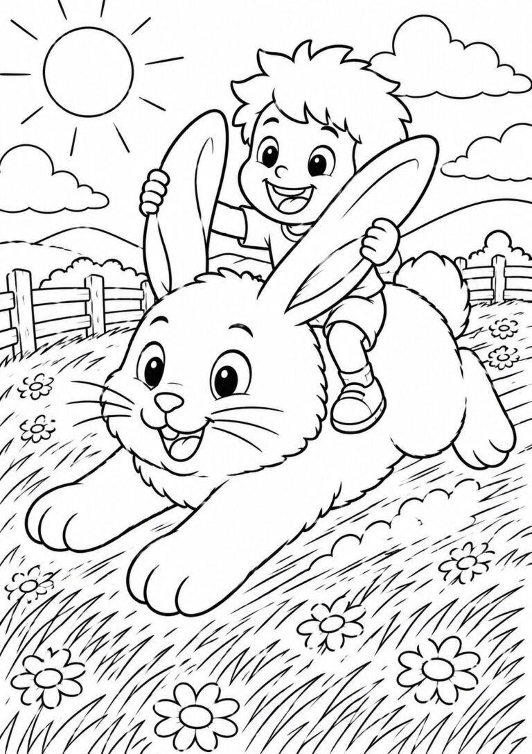 A cheerful child rides a large rabbit through a sunny meadow. Flowers bloom as they dash past a wooden fence under a bright sun. Friendly smiles and playful innocence make this coloring page perfect for young artists.