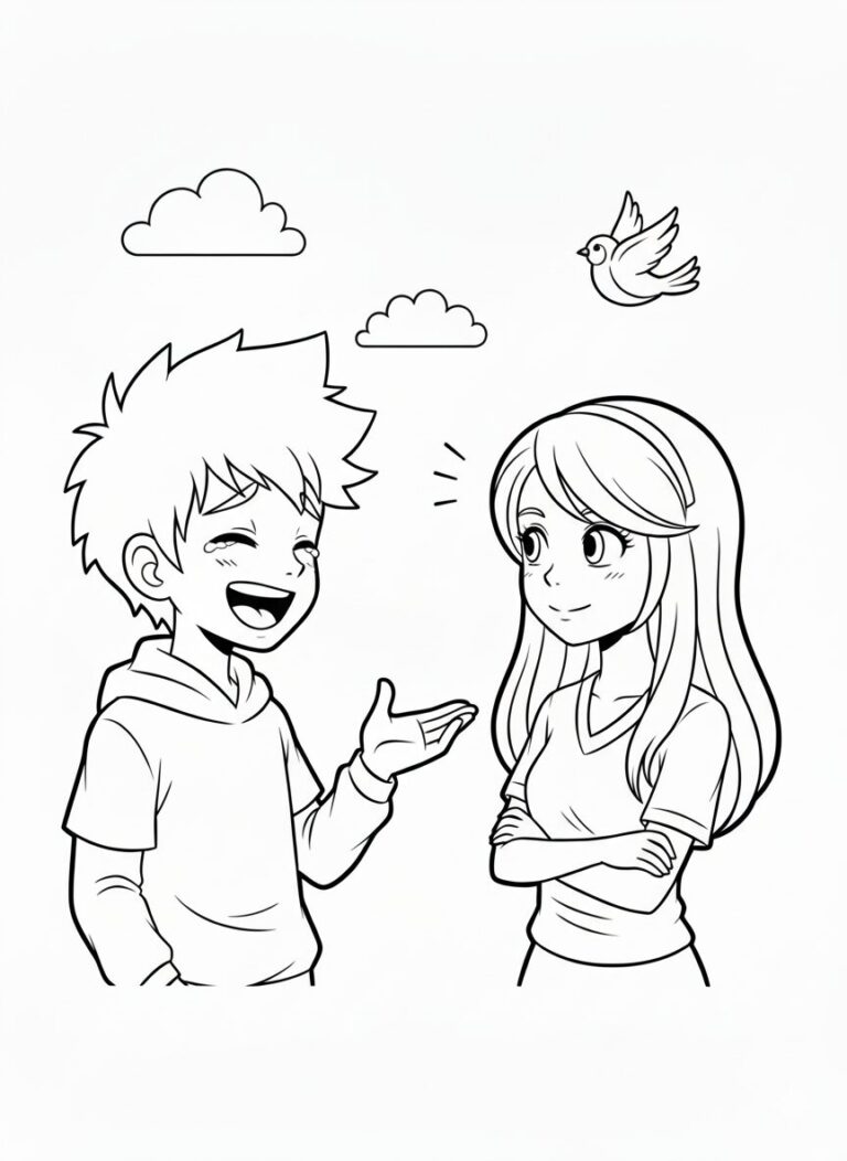 Black and white coloring page with two children talking, a bird flying, and clouds above, ideal for kids to color.