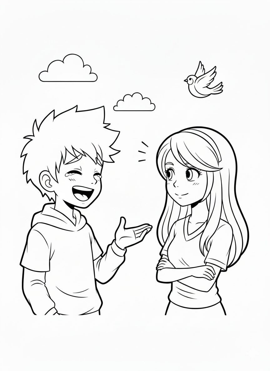 Black and white coloring page with two children talking, a bird flying, and clouds above, ideal for kids to color.