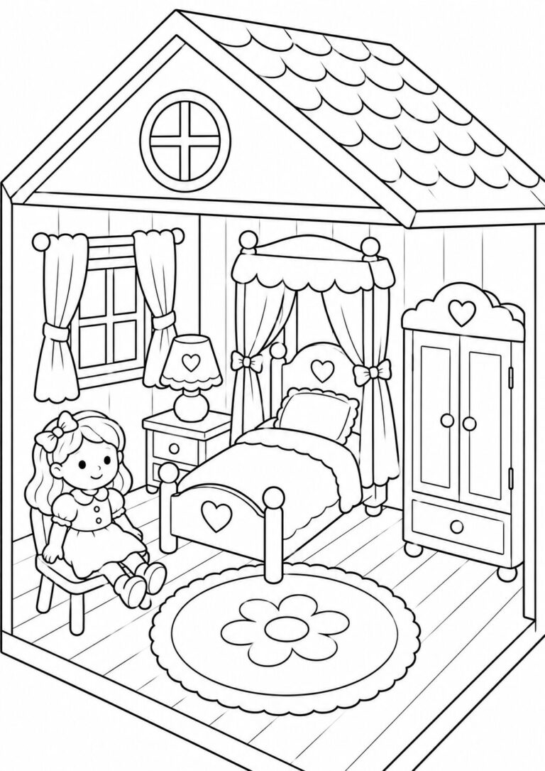 Coloring page showing a charming children's room with a bed, curtains, a wardrobe, and a little girl sitting on a chair. The scene is designed to inspire creativity and imagination as kids fill it with vibrant colors.