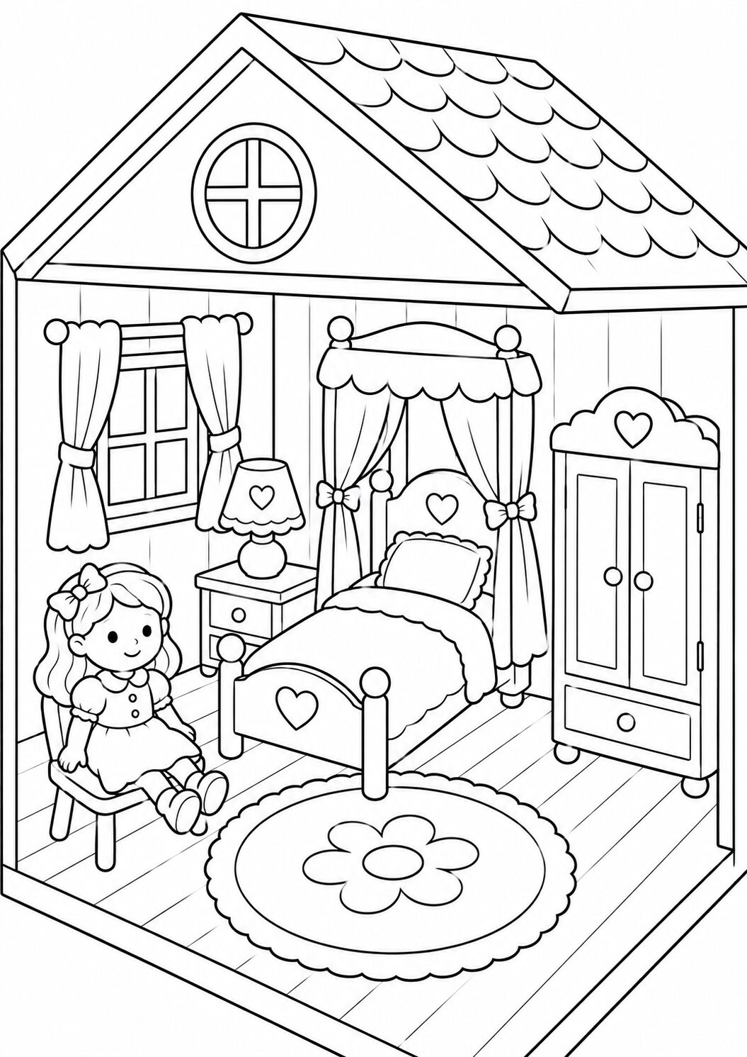 Coloring page showing a charming children's room with a bed, curtains, a wardrobe, and a little girl sitting on a chair. The scene is designed to inspire creativity and imagination as kids fill it with vibrant colors.