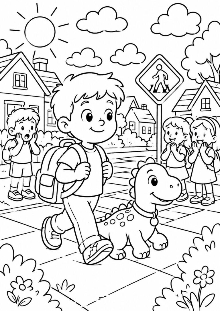 Children walking alongside a smiling dinosaur in a bright neighborhood. The scene features houses, trees, and cheerful kids, creating a lively and engaging setting for coloring fun.