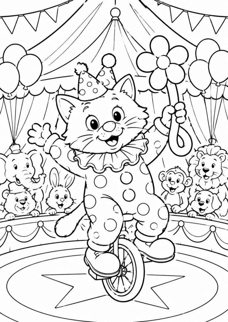 A cat dressed as a circus clown rides a unicycle surrounded by a lively audience of animals, including an elephant, monkey, and lion, set in a decorative circus ring.