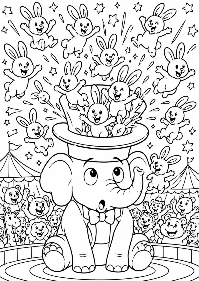 A playful coloring page showing a circus elephant wearing a top hat with bunnies magically leaping out, creating a fun scene for kids to color. The background includes excited animals and circus tents, adding to the magical atmosphere.