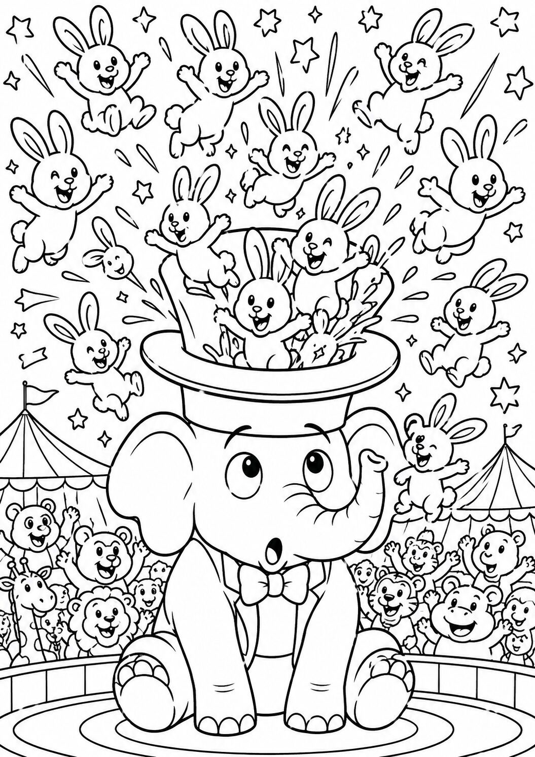 A playful coloring page showing a circus elephant wearing a top hat with bunnies magically leaping out, creating a fun scene for kids to color. The background includes excited animals and circus tents, adding to the magical atmosphere.