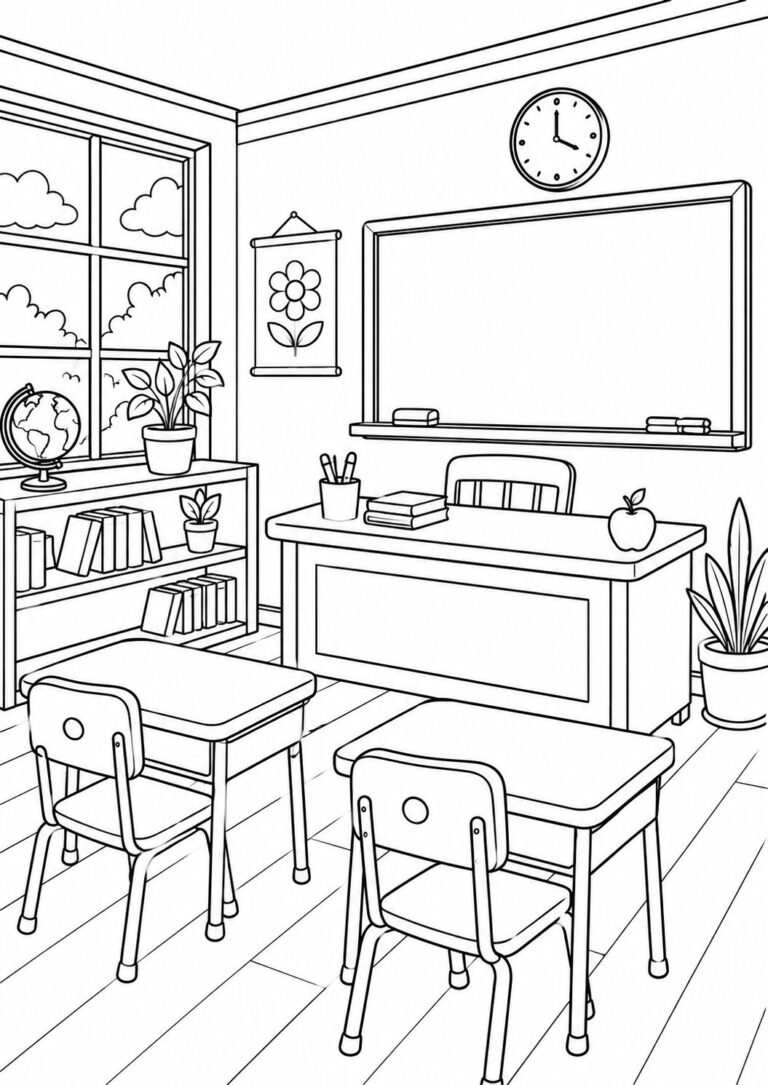 A detailed coloring page of a classroom featuring desks, a blackboard, books, a globe, plants, and an apple on the teacher's desk. Children can color these elements to bring the classroom to life with their creativity.