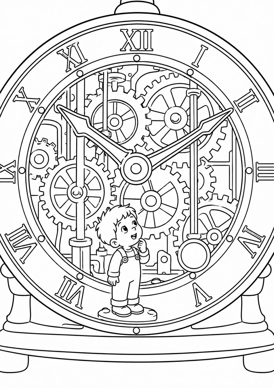 A detailed coloring page showing a large clock with visible gears and a curious child inside, offering an opportunity for children to color and explore the theme of time and adventure.