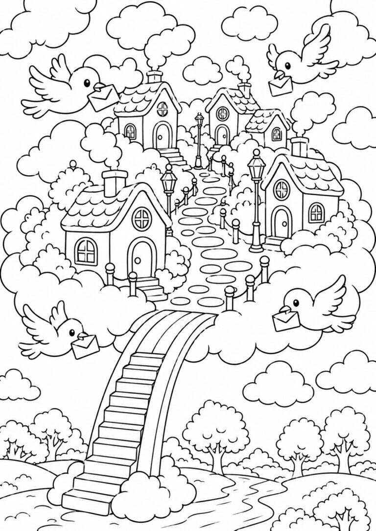 A magical cloud village with quaint houses, pathways, and birds carrying letters, ideal for a children's coloring page.