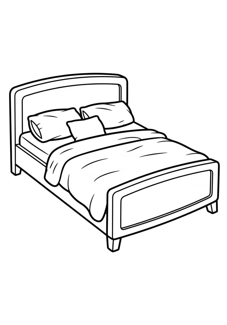 A cozy bed coloring page showing a simple bed with pillows and a blanket. Kids can add colors to personalize the scene, promoting creativity and relaxation.