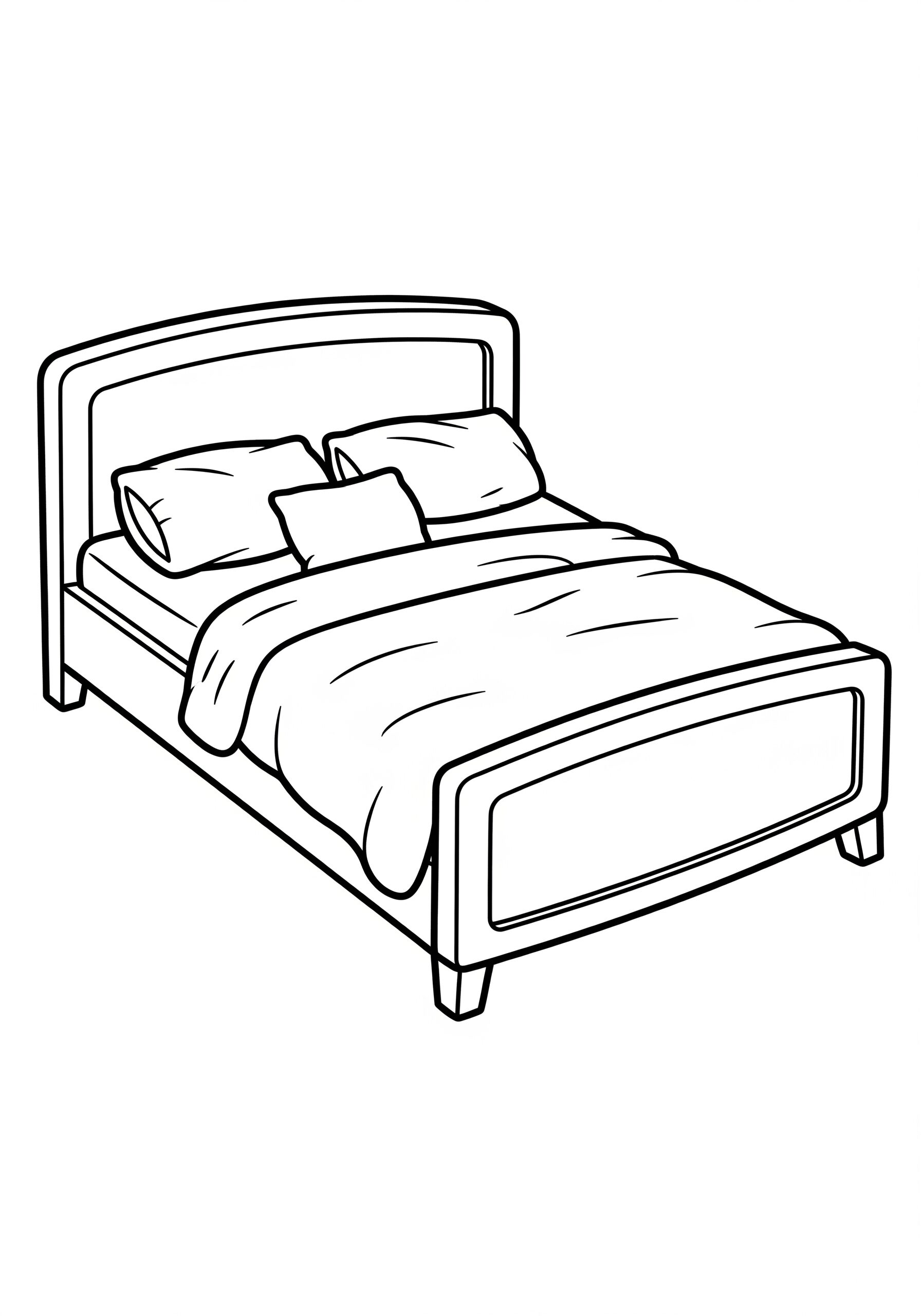 A cozy bed coloring page showing a simple bed with pillows and a blanket. Kids can add colors to personalize the scene, promoting creativity and relaxation.