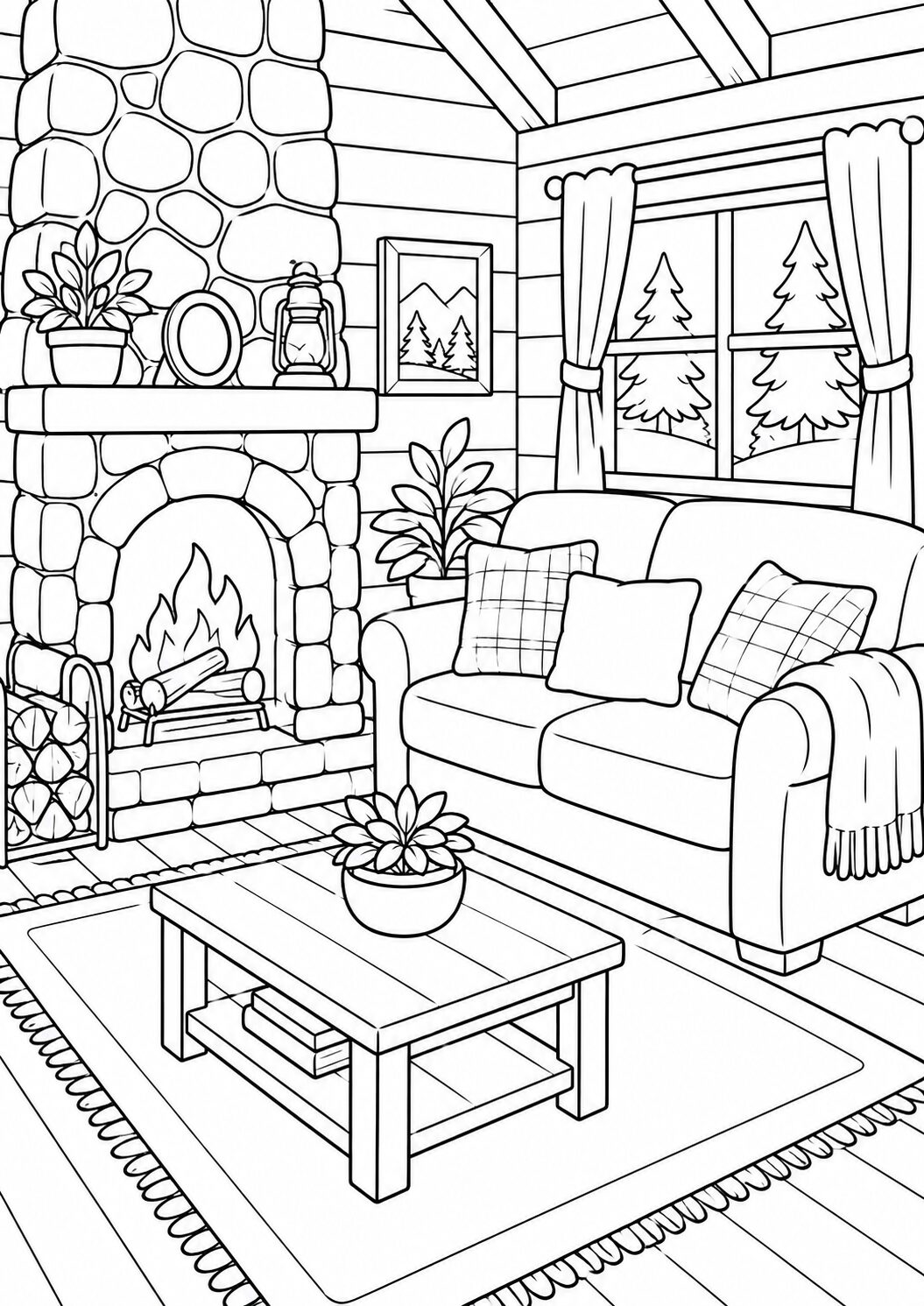 Children can color a cozy cabin interior with a fireplace, a sofa, a coffee table, and a window view of pine trees. The page depicts a warm and inviting room perfect for inspiring creative coloring adventures.