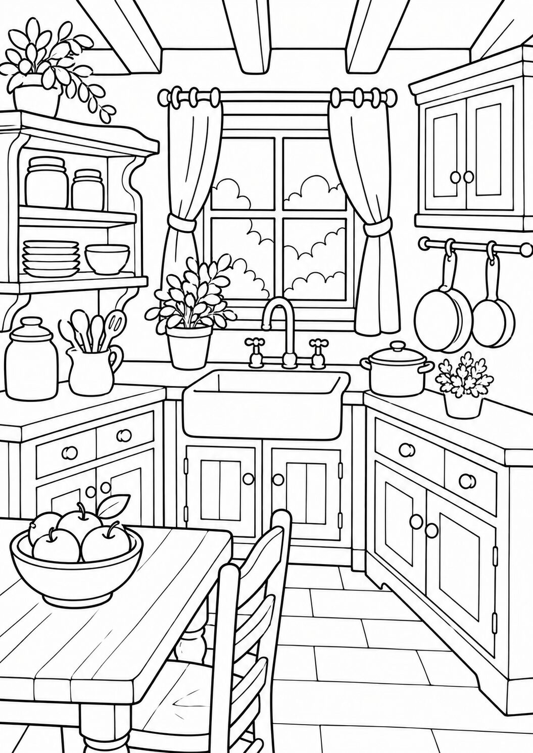 A cozy kitchen coloring page featuring a window view. Includes shelves, pots, plants, a table with fruits, and cabinets. This scene encourages creativity with its realistic details.
