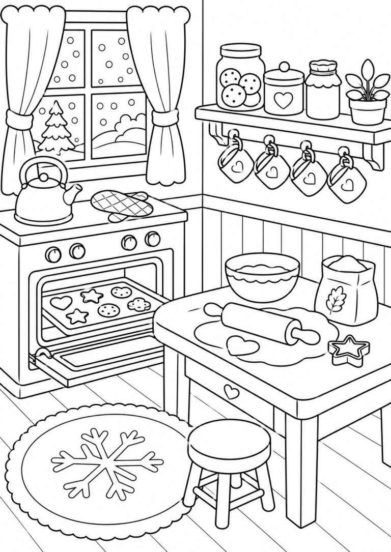 A cozy kitchen scene with cookies in the oven, a teapot, and a view of snow through the window. Mugs hang under a shelf lined with jars, while a table holds baking items ready for coloring.